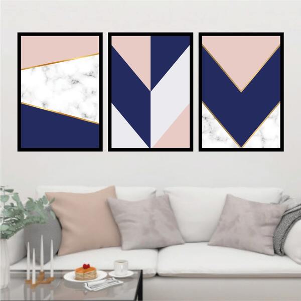 Kit 3 Quadros Geométrico Rosa/azul/mármore 60x40cm Moldura:ma