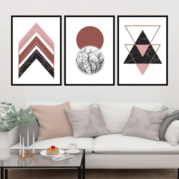 Kit 3 Quadros Geométrico Rosa E Gold 24x18cm - Com Vidro Mold