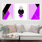 Kit 3 Quadros Geométrico Roxo E Preto 24x18cm Moldura:madeira