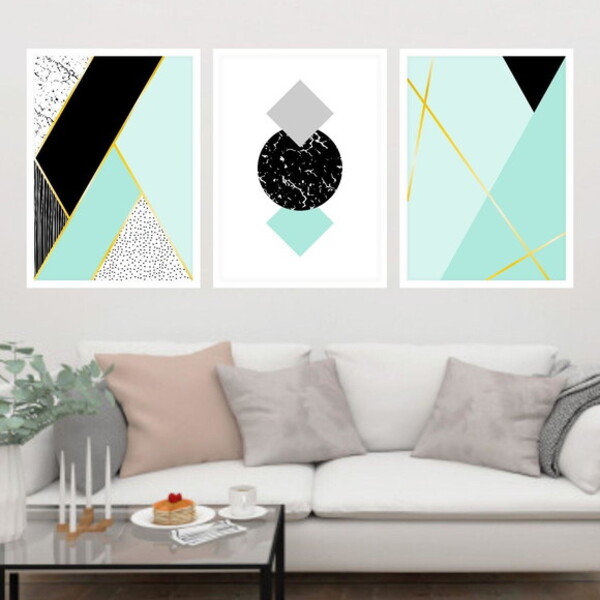 Kit 3 Quadros Geométrico Turquesa 60x40cm Moldura:madeira Pre