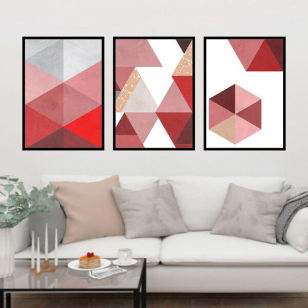 Kit 3 Quadros Geométrico Vermelho E Branco 24x18cm Moldura:ma