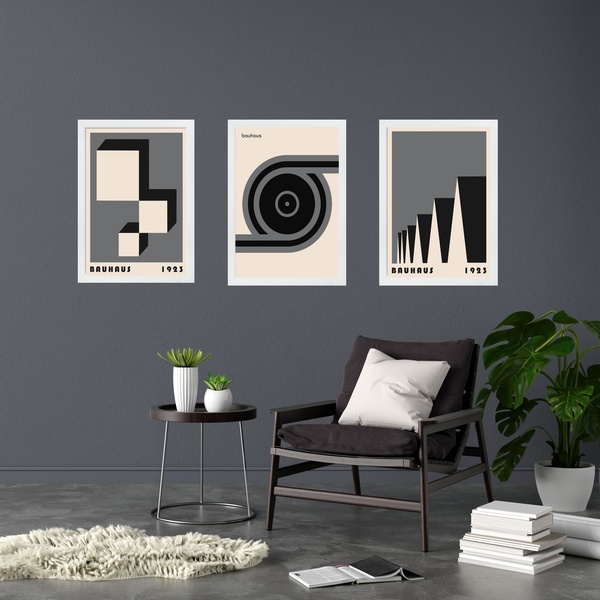 Kit 3 Quadros Geométricos Bauhaus Cinza E Preto 24x18cm Moldu