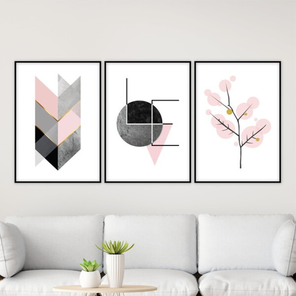 Kit 3 Quadros Geométricos Escandinavos Love 45x34cm Moldura:m