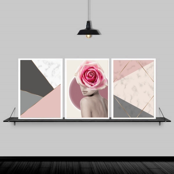 Kit 3 Quadros Geométricos Mulher Floral 33x24cm - Com Vidro M