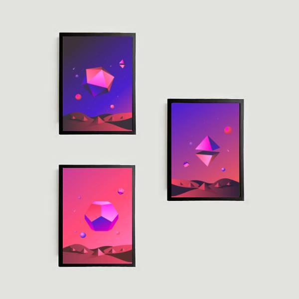 Kit 3 Quadros Geométricos Naves Espaciais 24x18cm Moldura:mad