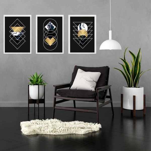 Kit 3 Quadros Geométricos Preto Dourado Mármore 24x18cm - Com