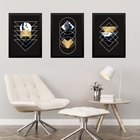 Kit 3 Quadros Geométricos Preto Dourado Mármore 33x24cm - Com