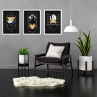 Kit 3 Quadros Geométricos Preto Dourado Mármore 33x24cm - Com