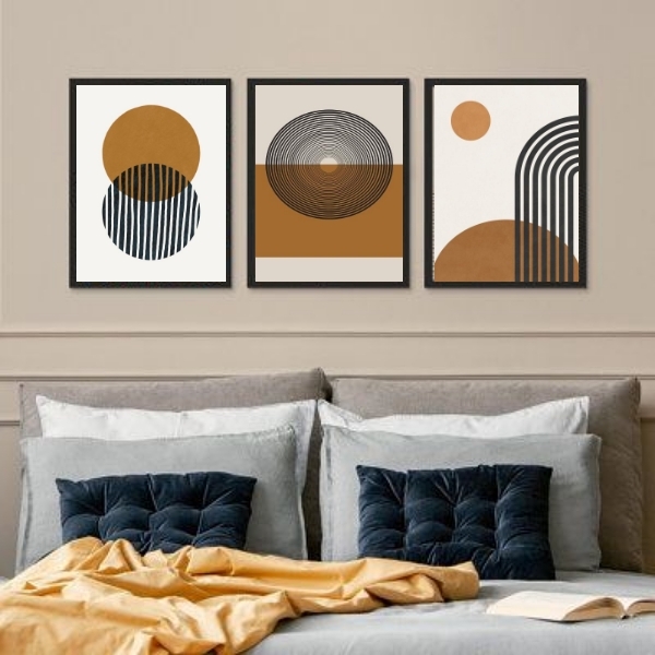 Kit 3 Quadros Geométricos Quarto Marrom 33x24cm - Com Vidro M
