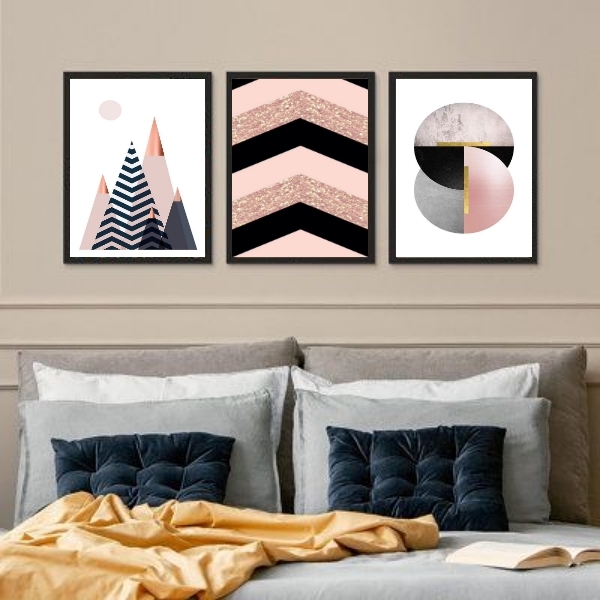 Kit 3 Quadros Geométricos Quarto Rosa E Preto 33x24cm - Com V