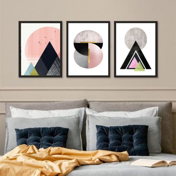 Kit 3 Quadros Geométricos Quarto Rosê E Preto 45x34cm - Com V