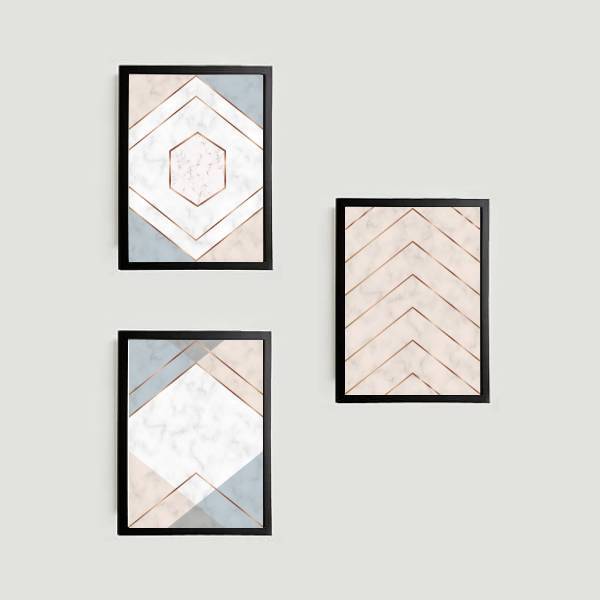 Kit 3 Quadros Geométricos Rosa E Lilás 24x18cm - Com Vidro Mo