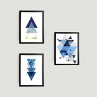 Kit 3 Quadros Geométricos Triângulos Azuis 24x18cm - Com Vidr