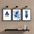 Kit 3 Quadros Geométricos Triângulos Azuis 33x24cm - Com Vidr