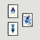 Kit 3 Quadros Geométricos Triângulos Azuis 33x24cm - Com Vidr