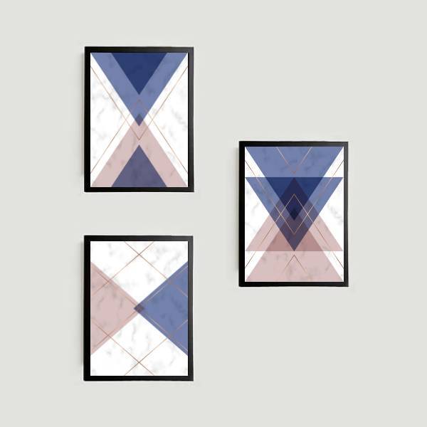 Kit 3 Quadros Geométricos Violet 33x24cm - Com Vidro Moldura: