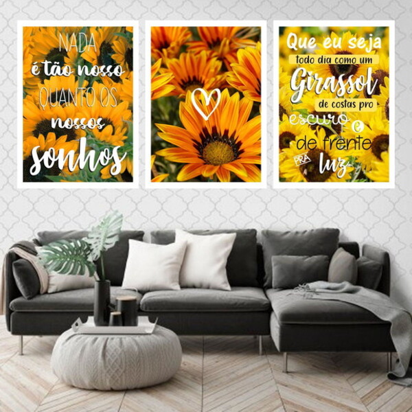 Kit 3 Quadros Girassol Nossos Sonhos 24x18cm Moldura:madeira