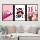 Kit 3 Quadros Girl Power - Grl Pwr 45x34cm - Com Vidro Moldur