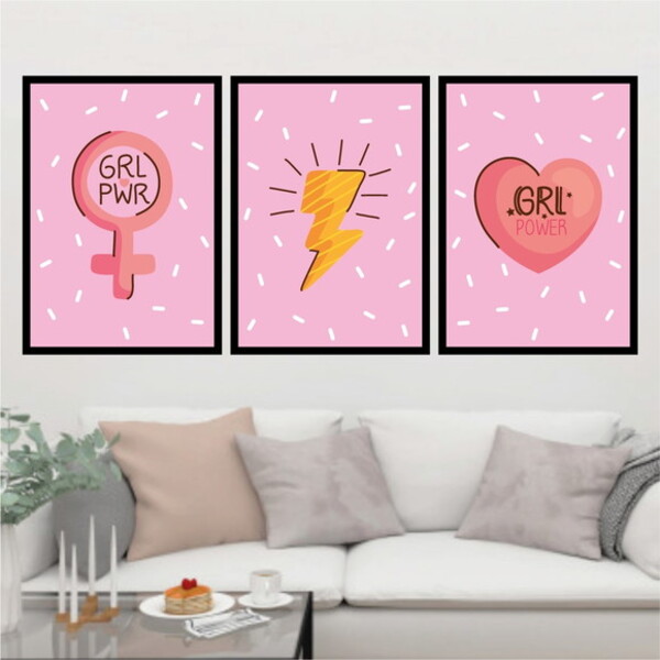 Kit 3 Quadros Girls Power Raio E Coração 60x40cm Moldura:made