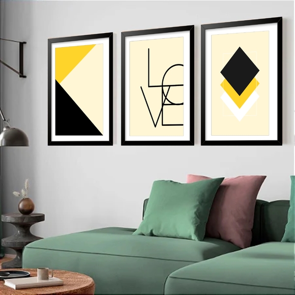 Kit 3 Quadros Grandes Abstrato Love 60x48cm Moldura Preta