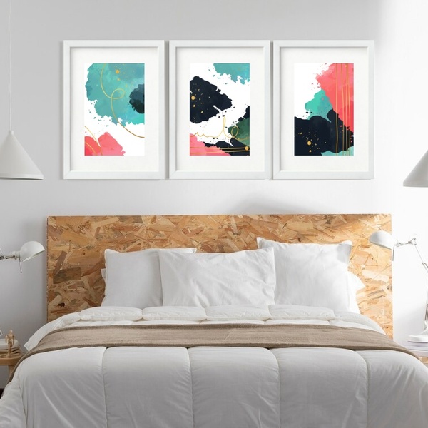 Kit 3 Quadros Grandes Abstratos Cores 60x48cm Moldura Branca