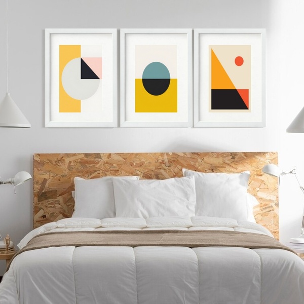 Kit 3 Quadros Grandes Abstratos Formas 60x48cm Moldura Preta