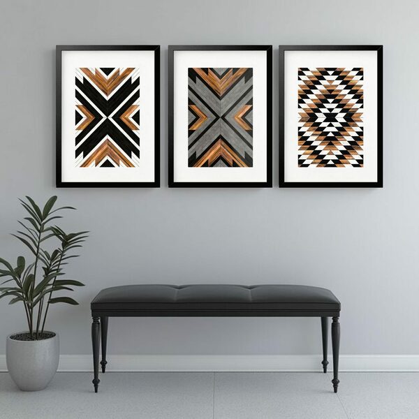 Kit 3 Quadros Grandes Abstratos Formas Marrom Preto E Branco