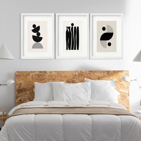 Kit 3 Quadros Grandes Abstratos Formas Pretos 60x48cm Moldura