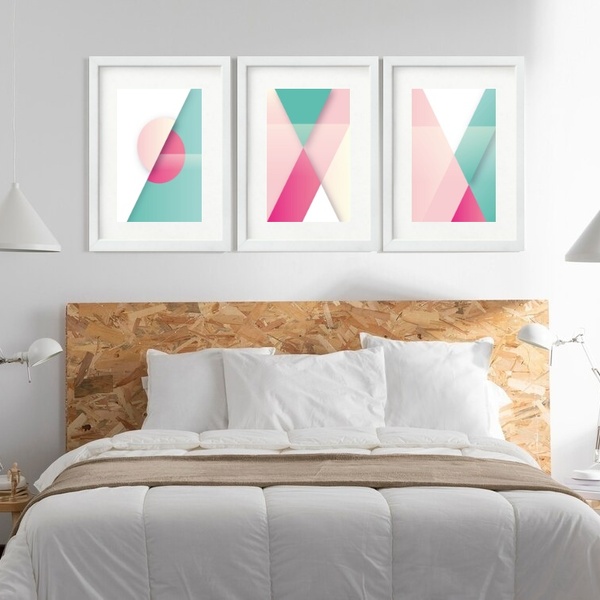 Kit 3 Quadros Grandes Abstratos Formas Verde E Rosa 60x48cm M