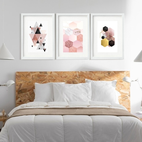 Kit 3 Quadros Grandes Abstratos Hexagonos 60x48cm Moldura Bra