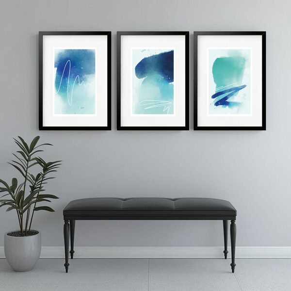 Kit 3 Quadros Grandes Abstratos Soft Azul 60x48cm Moldura Pre