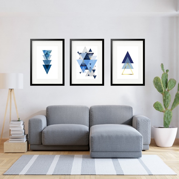 Kit 3 Quadros Grandes Abstratos Triangulos Azuis 60x48cm Mold