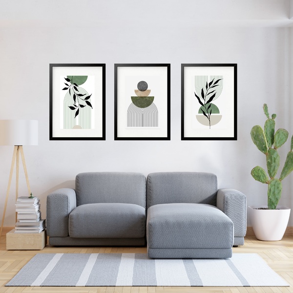 Kit 3 Quadros Grandes Abstratos Verde Folhagens 60x48cm Moldu