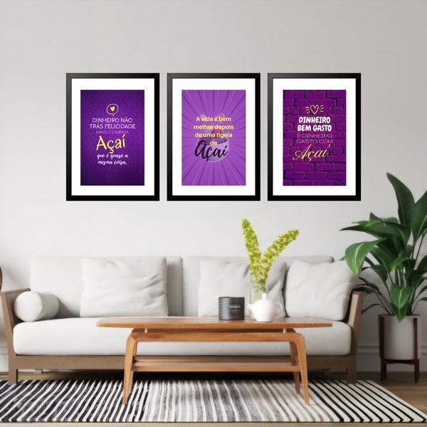 Kit 3 Quadros Grandes Açaí 60x48cm Moldura Preta