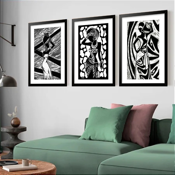 Kit 3 Quadros Grandes Afro 60x48cm Moldura Branca