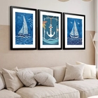 Kit 3 Quadros Grandes Barquinhos 60x48cm Moldura Branca