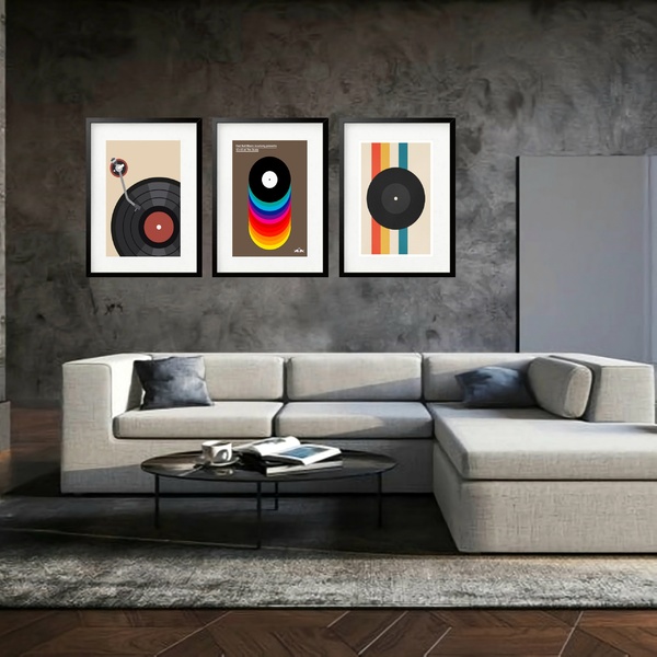 Kit 3 Quadros Grandes Bauhaus Disc 60x48cm Moldura Preta