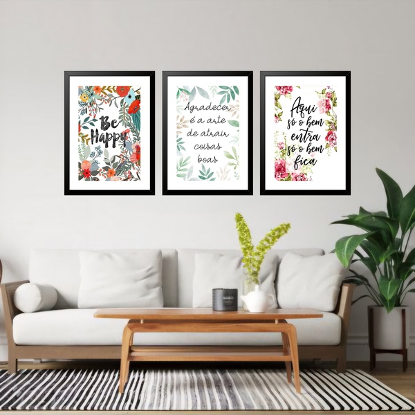 Kit 3 Quadros Grandes Be Happy 60x48cm Moldura Branca