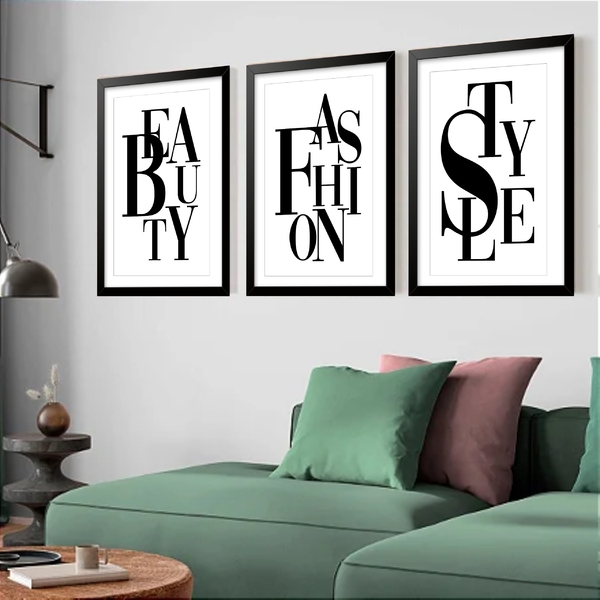 Kit 3 Quadros Grandes Beauty Fashion Style 60x48cm Moldura Pr