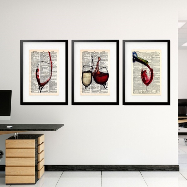 Kit 3 Quadros Grandes Bebidas Vinho Champagne 60x48cm Moldura