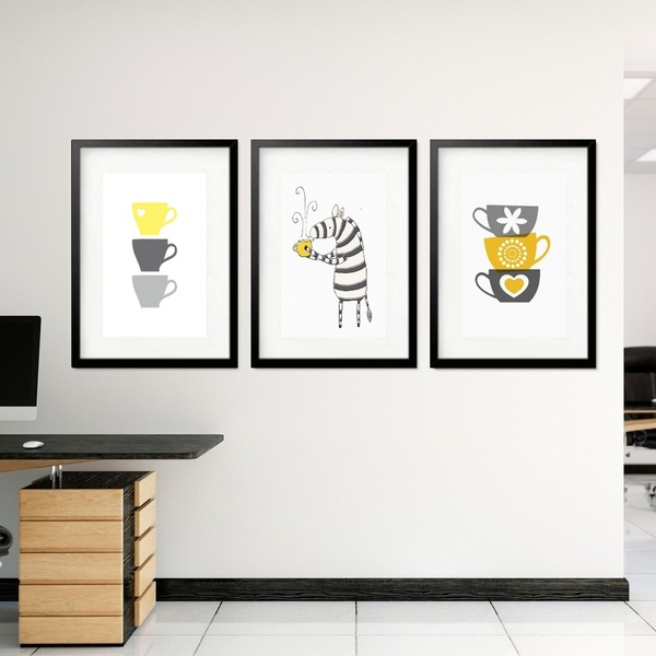 Kit 3 Quadros Grandes Café Zebrinha 60x48cm Moldura Preta