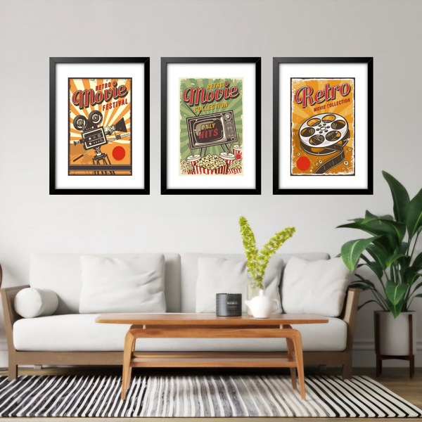 Kit 3 Quadros Grandes Cinema Retrô 60x48cm Moldura Branca