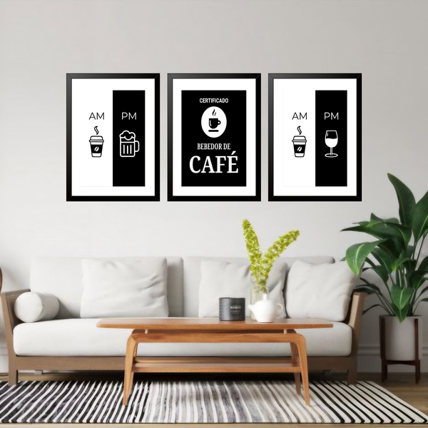 Kit 3 Quadros Grandes Coffee Addicted 60x48cm Moldura Preta