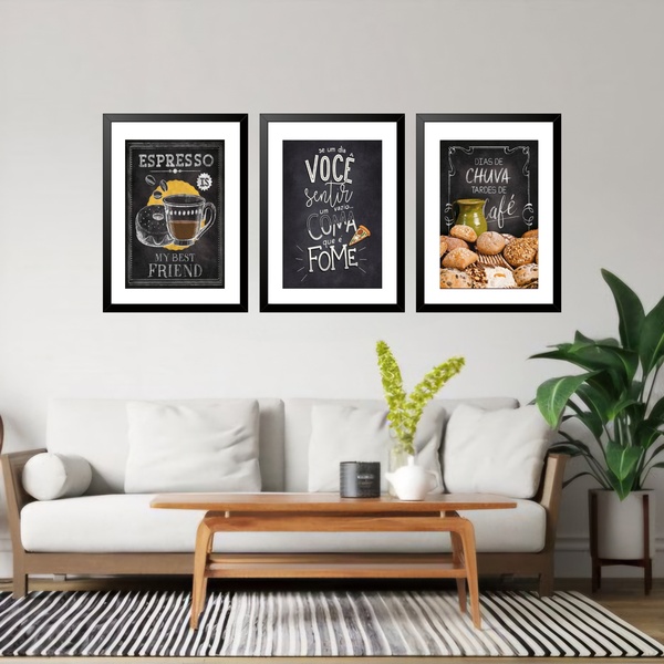 Kit 3 Quadros Grandes Cozinha Café 60x48cm Moldura Preta