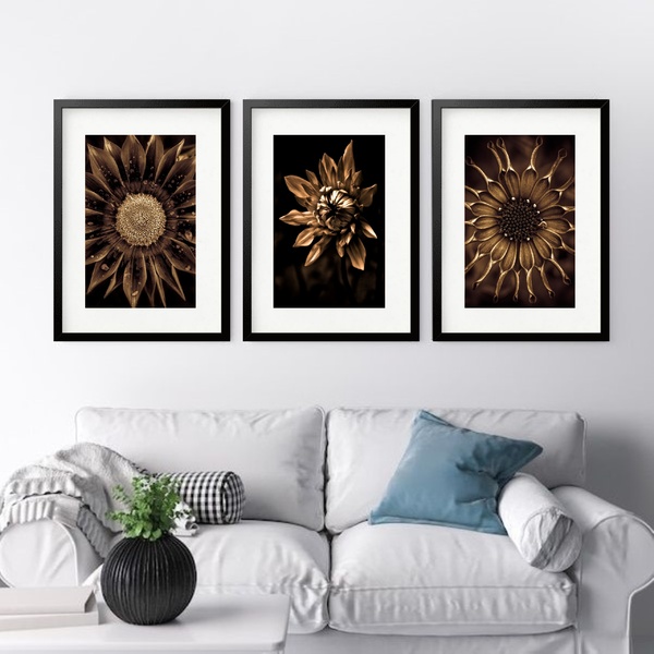 Kit 3 Quadros Grandes Dalia Dourada - 60x48cm Moldura Preta