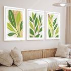 Kit 3 Quadros Grandes Folhagem Dourado 60x48cm Moldura Branca