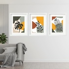 Kit 3 Quadros Grandes Folhas Boho - 60x48cm Moldura Branca
