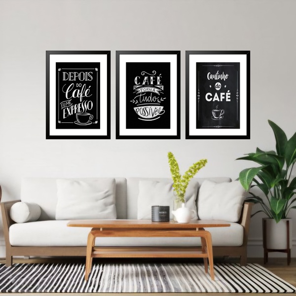 Kit 3 Quadros Grandes Frases Café 60x48cm Moldura Preta