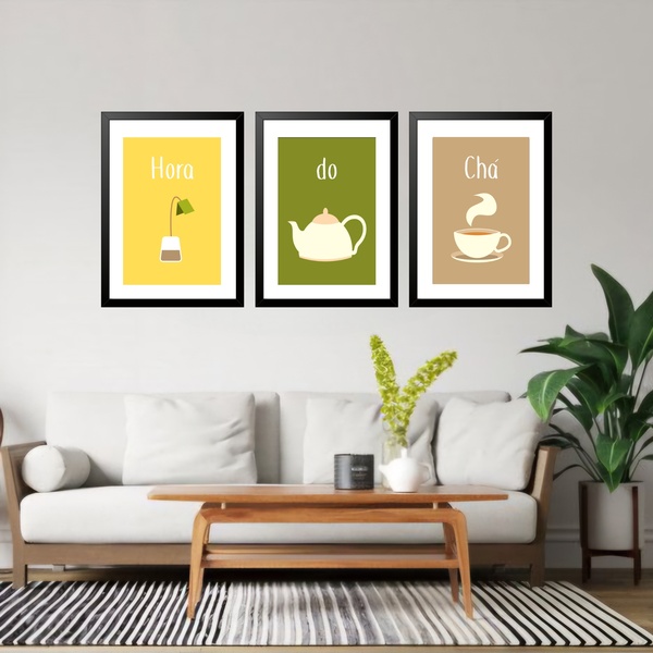 Kit 3 Quadros Grandes Hora Do Chá 60x48cm Moldura Branca