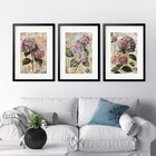 Kit 3 Quadros Grandes Hortências - 60x48cm Moldura Preta